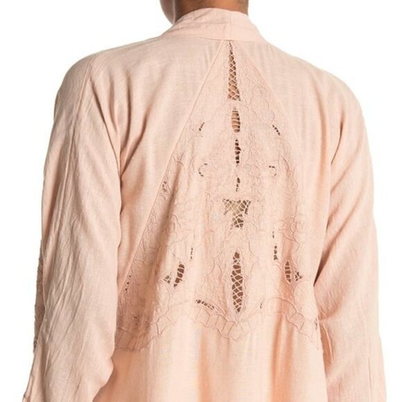 New Free People Cool Nights Crochet Conch Pink Cardigan Short Duster Kimono Sz S - Picture 8 of 16